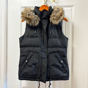 Eddie Bauer Down Puffer Vest with Faux Fur Hood Black – M